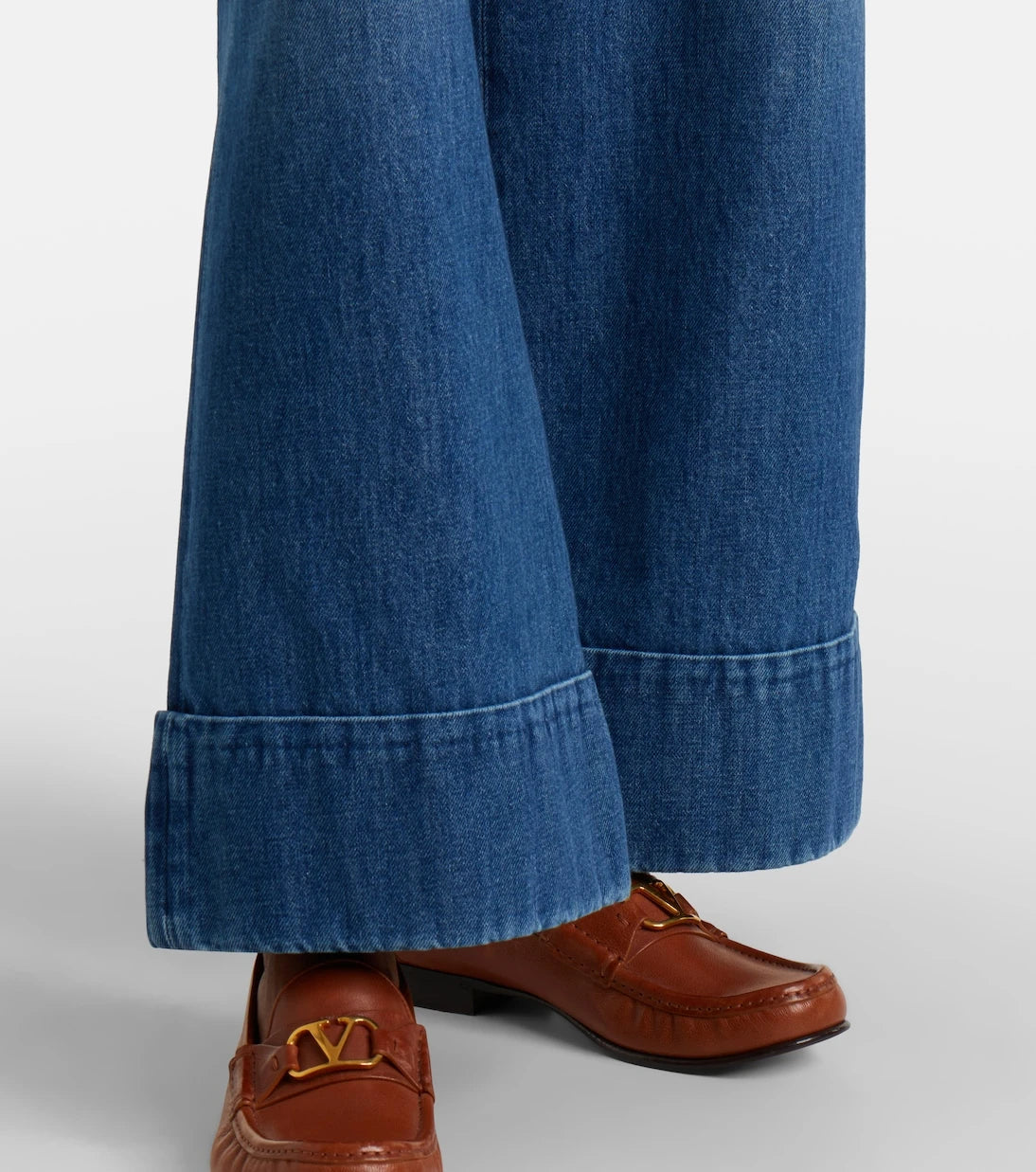 Valentino - Leather-trimmed wide-leg jeans