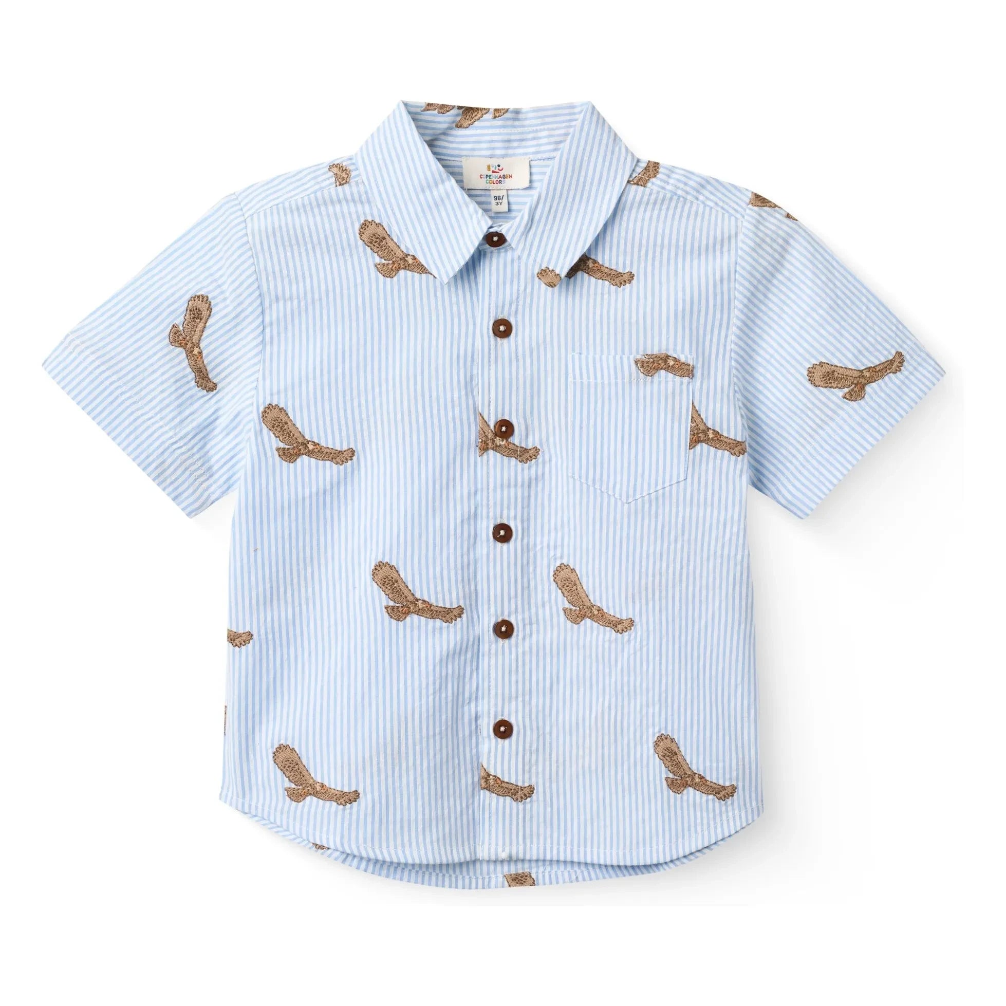 Copenhagen Colors - Striped Seersucker Organic Cotton Eagles Embroidered Shirt | Light blue
