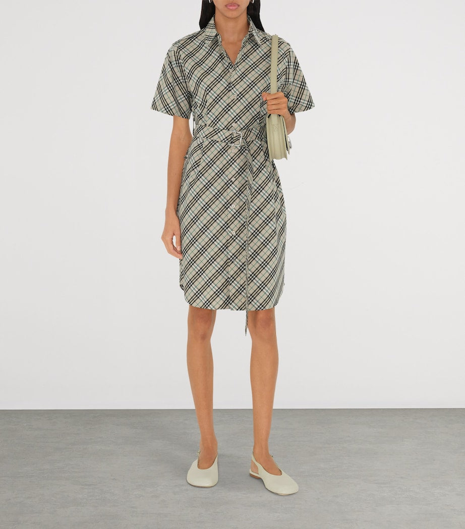 Beige Cotton Check Mini Shirt Dress