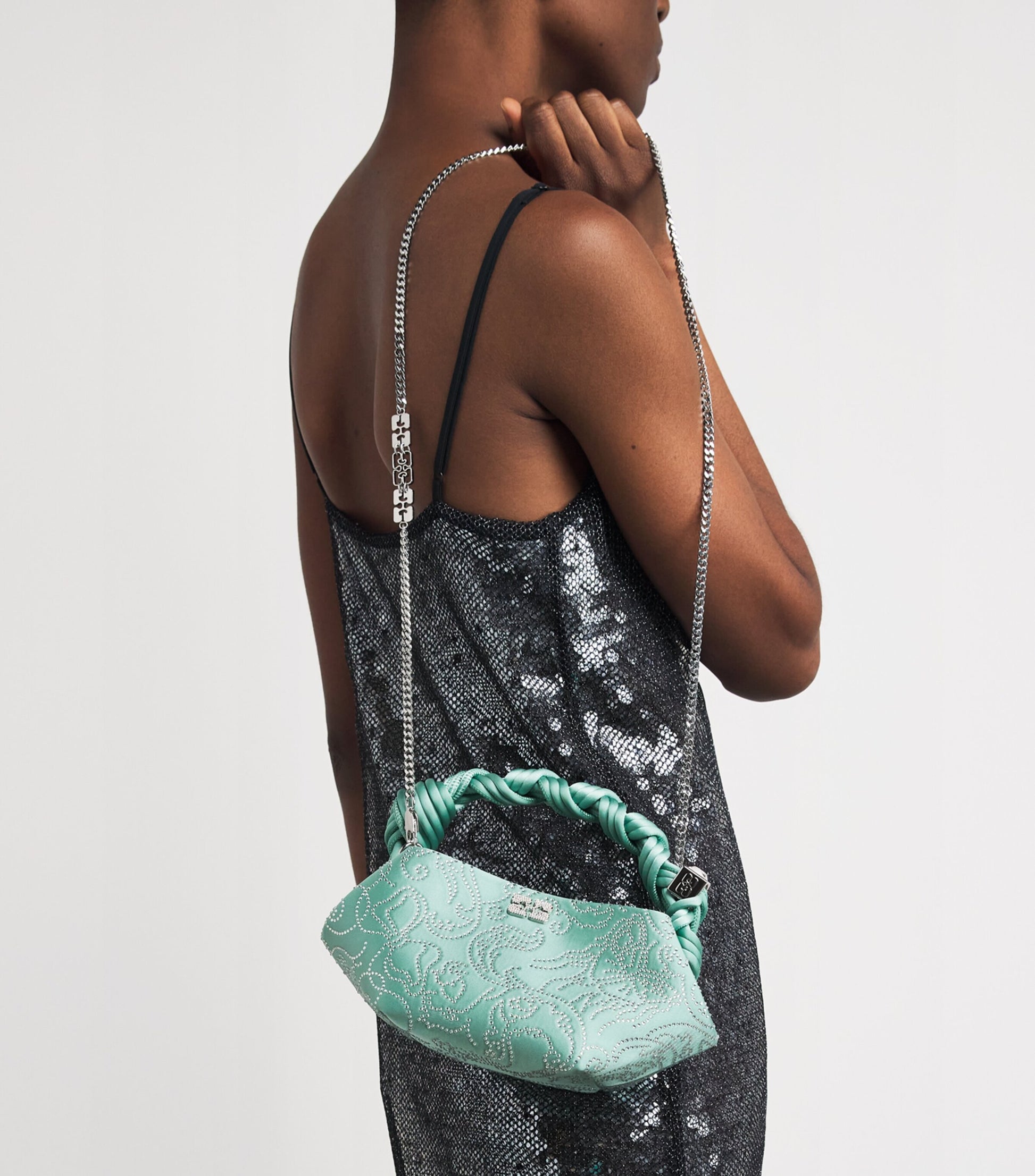 GANNI Green Mini Embellished Satin Bou Bag