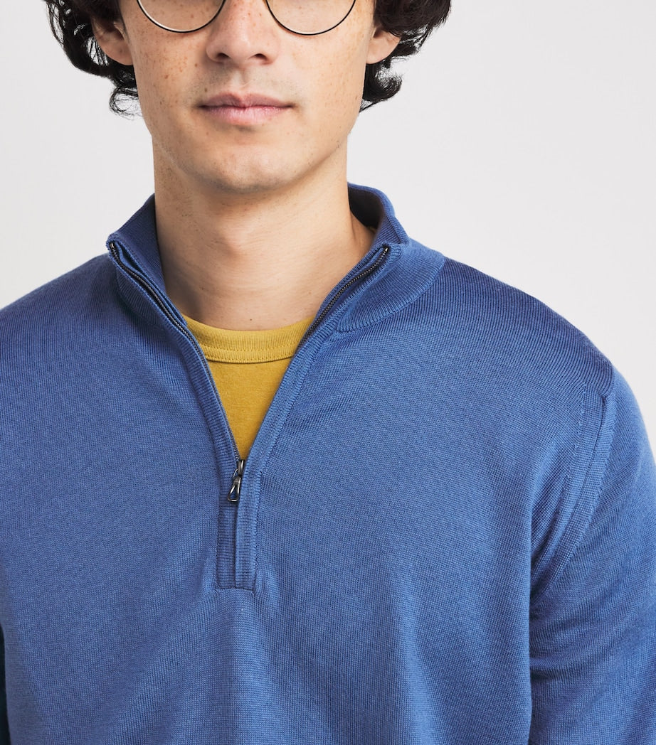 John Smedley Blue Extra Fine Merino Wool Half-Zip Tapton Sweater