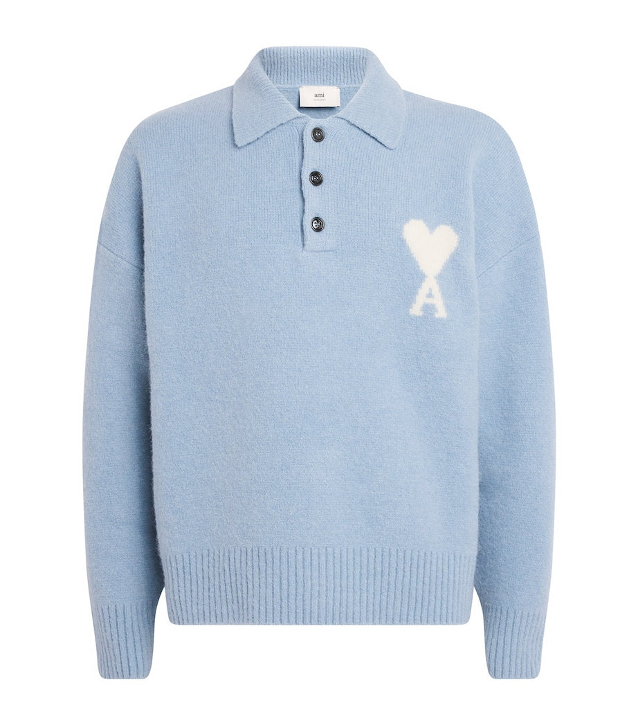 Blue Alpaca-Blend Polo Sweater