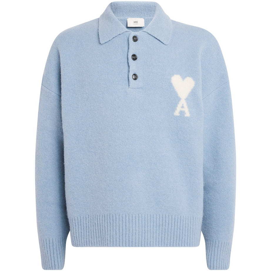 Blue Alpaca-Blend Polo Sweater