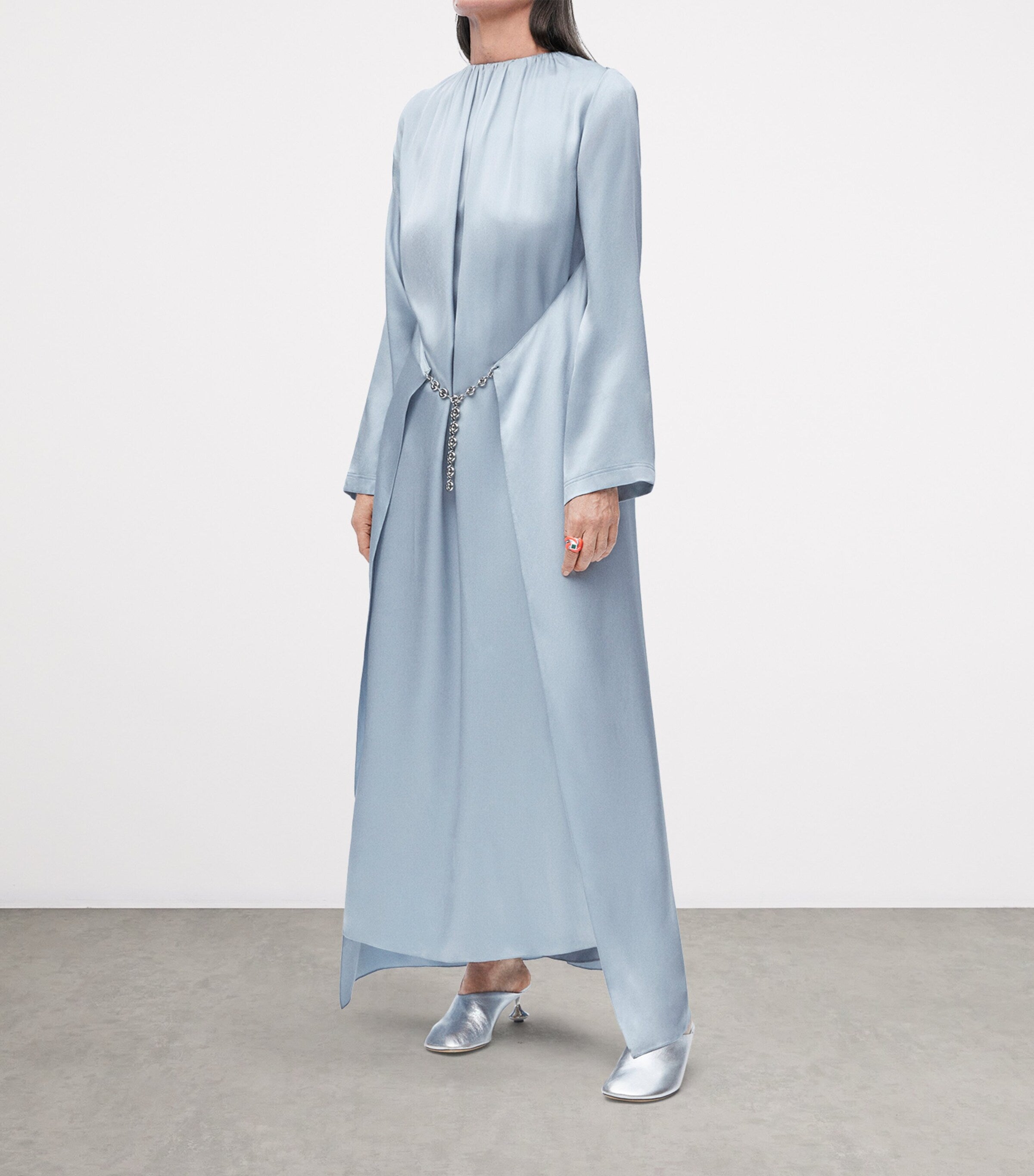 LOEWE Blue EXCLUSIVE Silk Satin Silver Capsule Donut Chain Maxi Dress