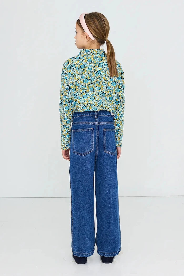 Çocuklar için pamuk ve elastan uzun kollu bluz FLOWER PATTERN RIB MOCKNECK