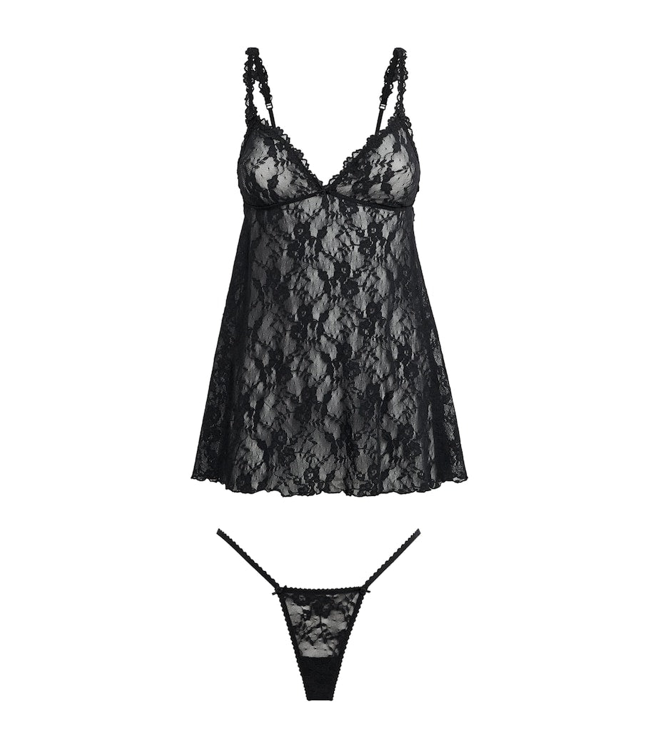 Skims Black Stretch Lace Babydoll and Thong Set