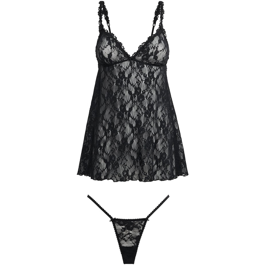 Skims Black Stretch Lace Babydoll and Thong Set