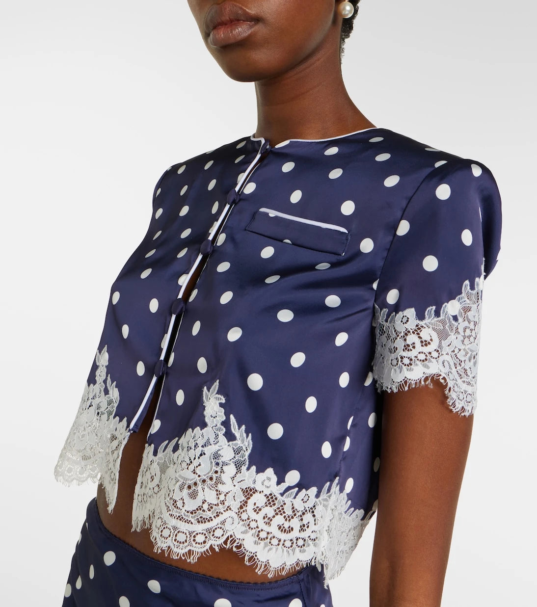 Self-Portrait - Lace-trimmed polka-dot satin crop top
