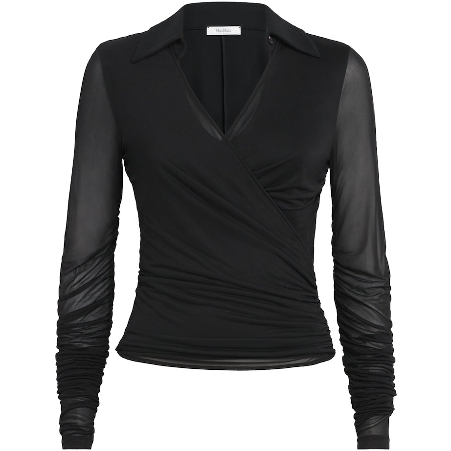 Black Tulle-Sleeve Draped Blouse