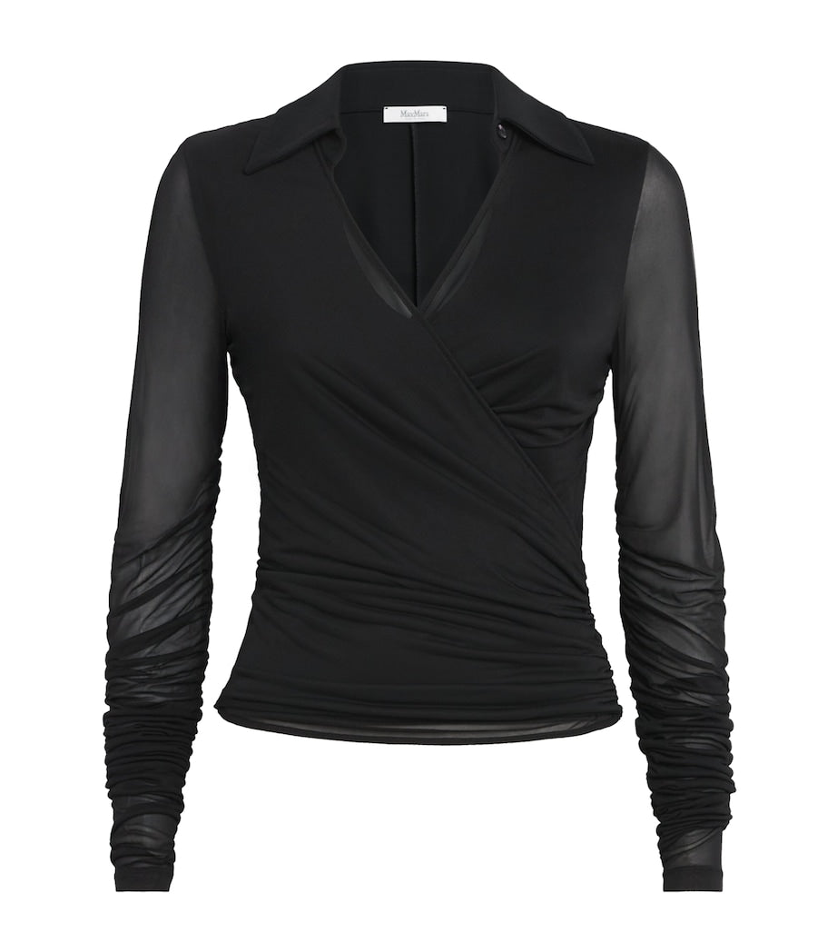 Black Tulle-Sleeve Draped Blouse