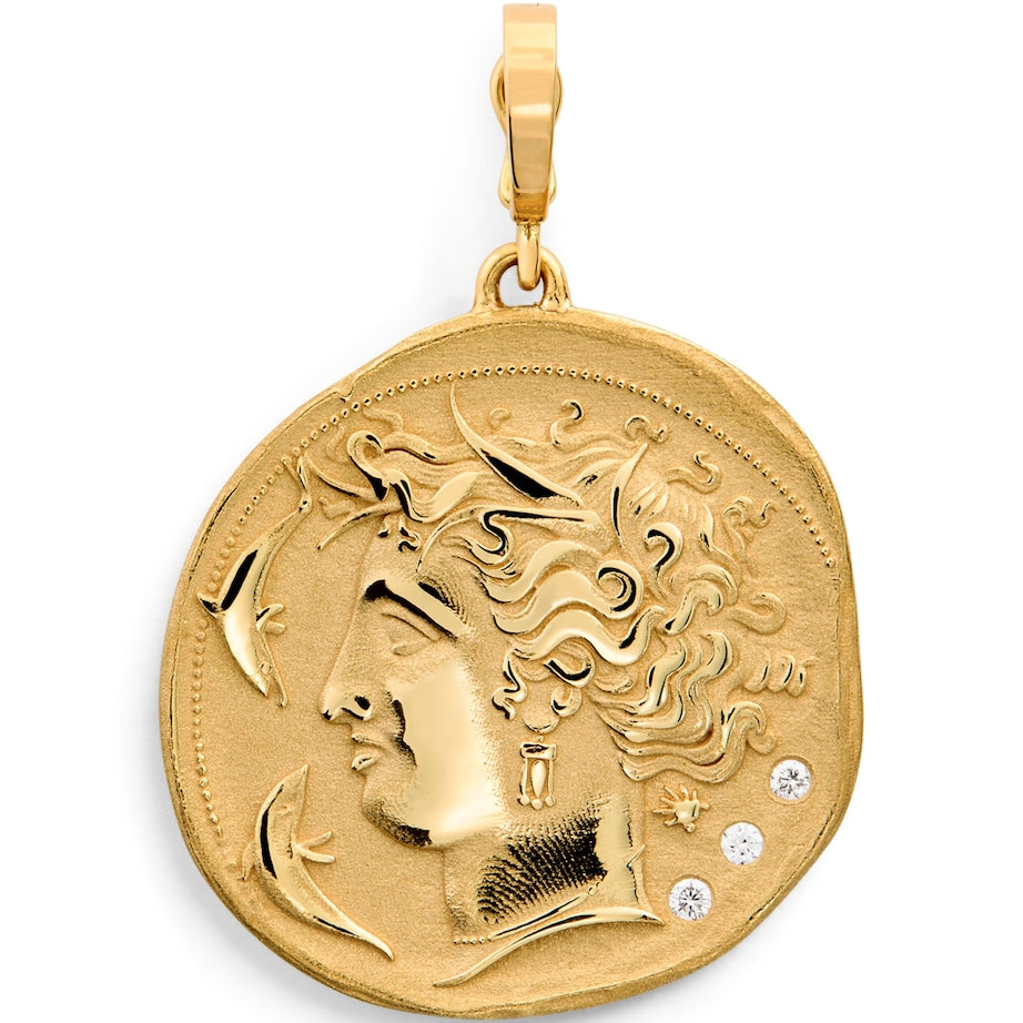 Azlee Large Yellow Gold and Diamond Goddess Coin Charm