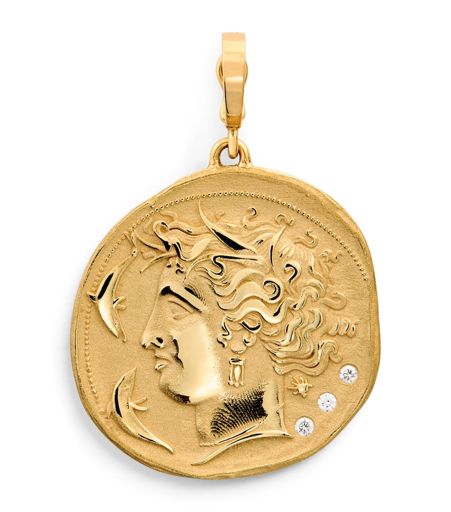 Azlee Large Yellow Gold and Diamond Goddess Coin Charm