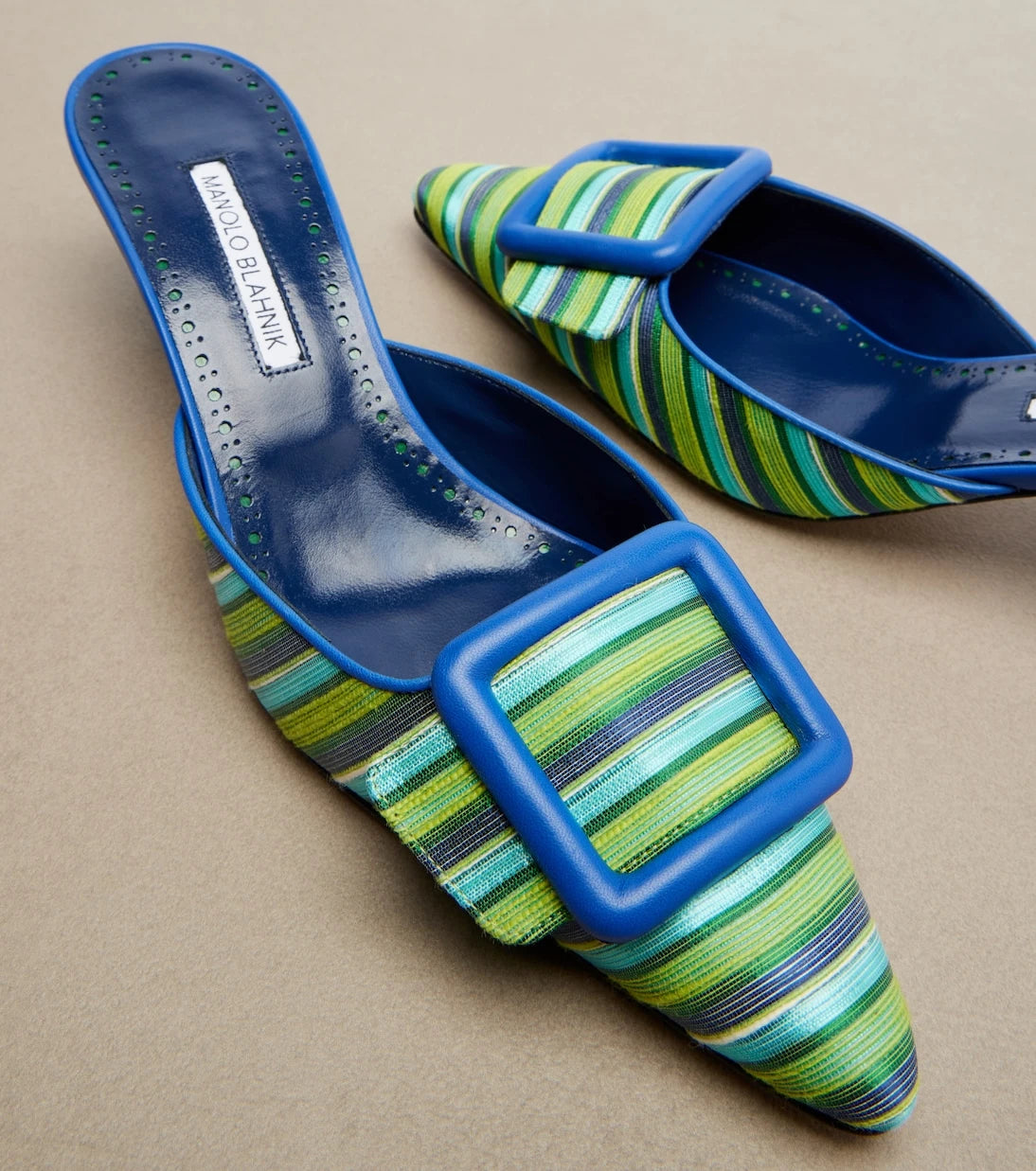 Manolo Blahnik - Maysalebi striped leather-trimmed mules