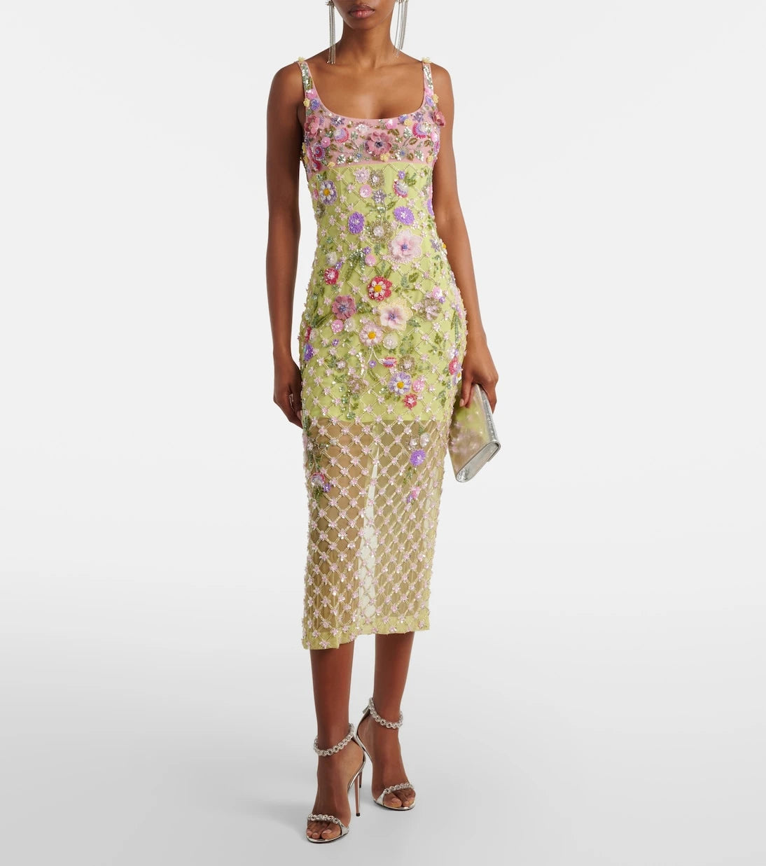 Là Fuori - Floral embellished mesh cocktail dress