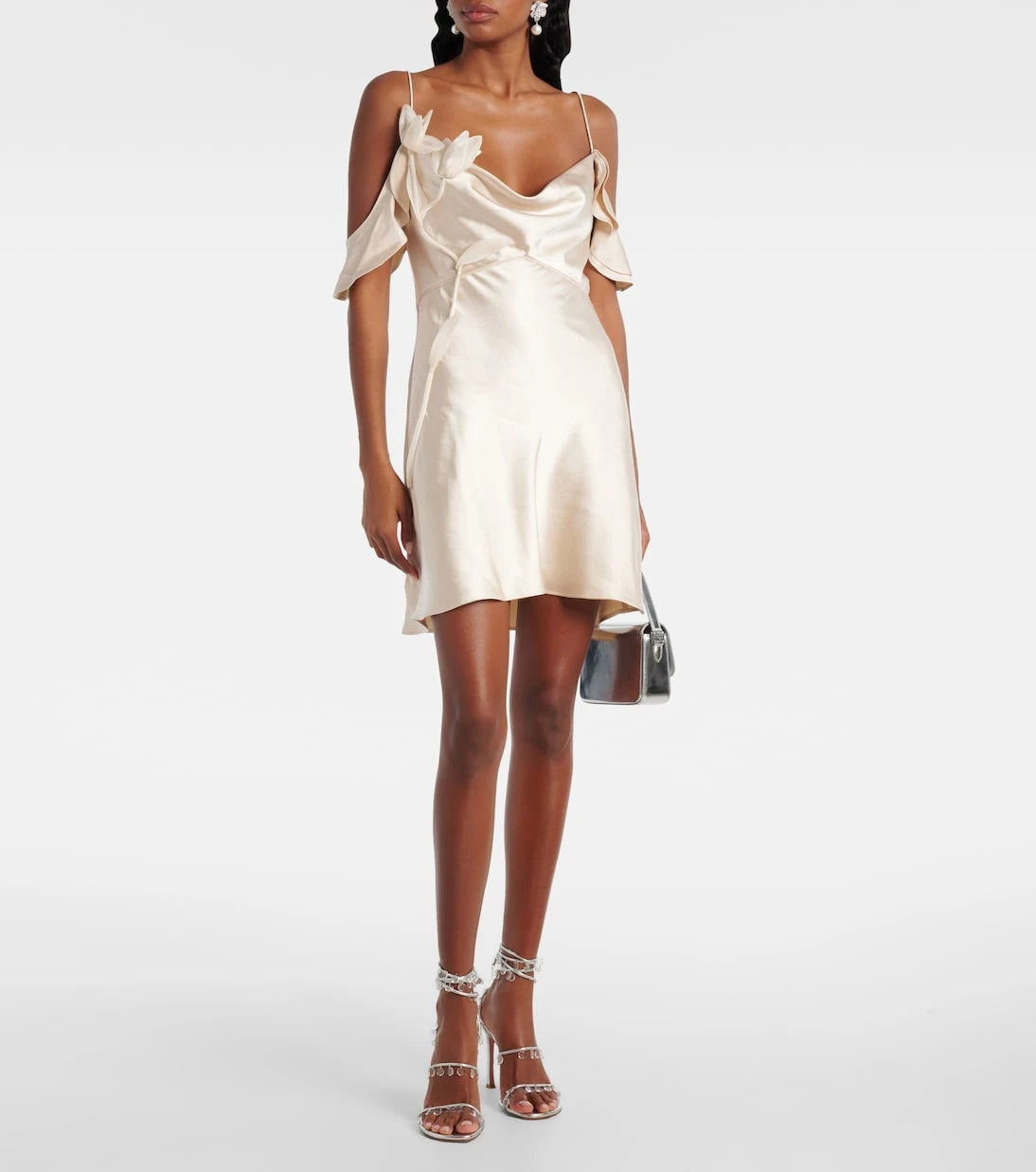 Self-Portrait - Floral-appliqué ruffled satin minidress