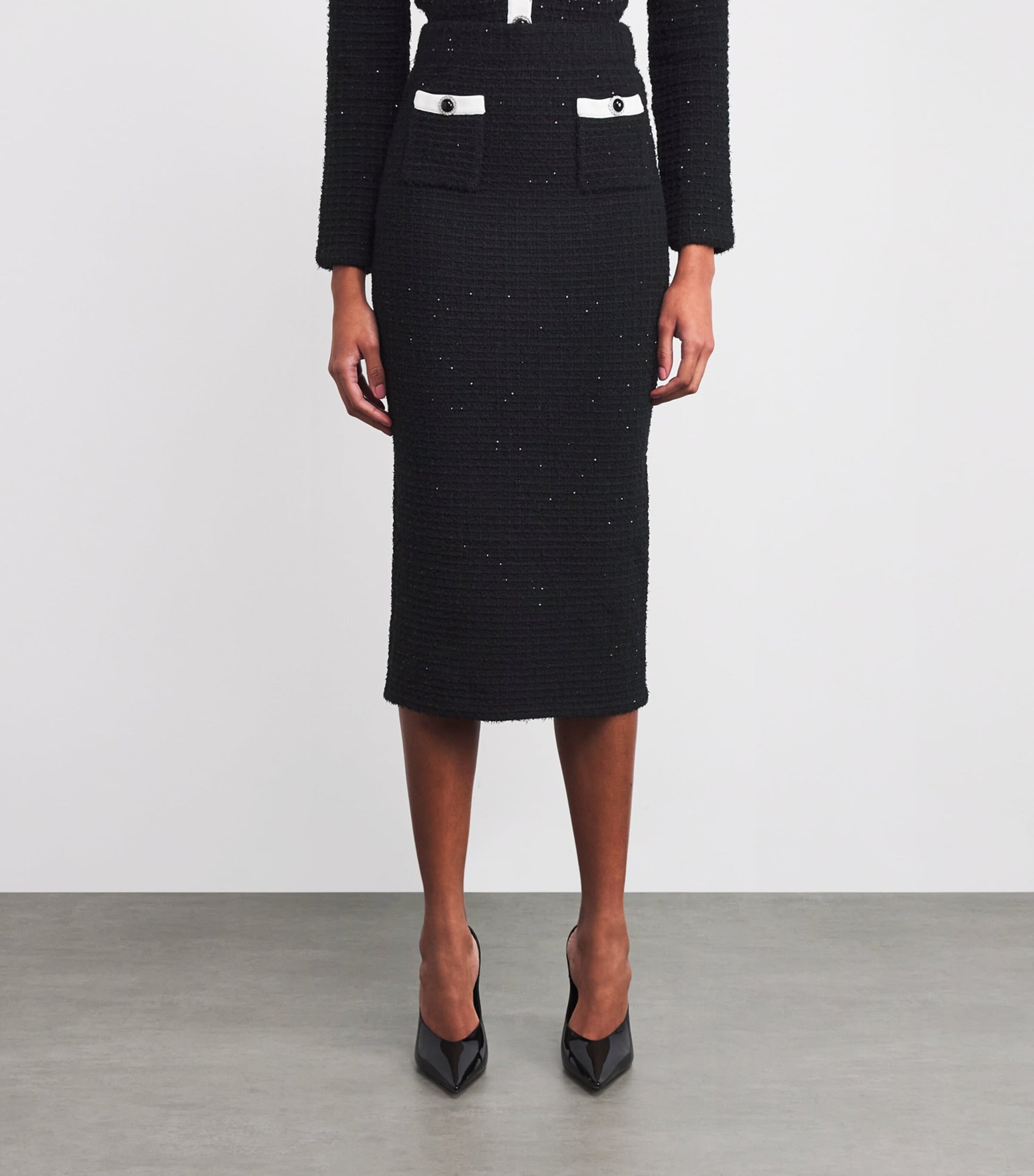 Self-Portrait Black Textured Midi Skirt