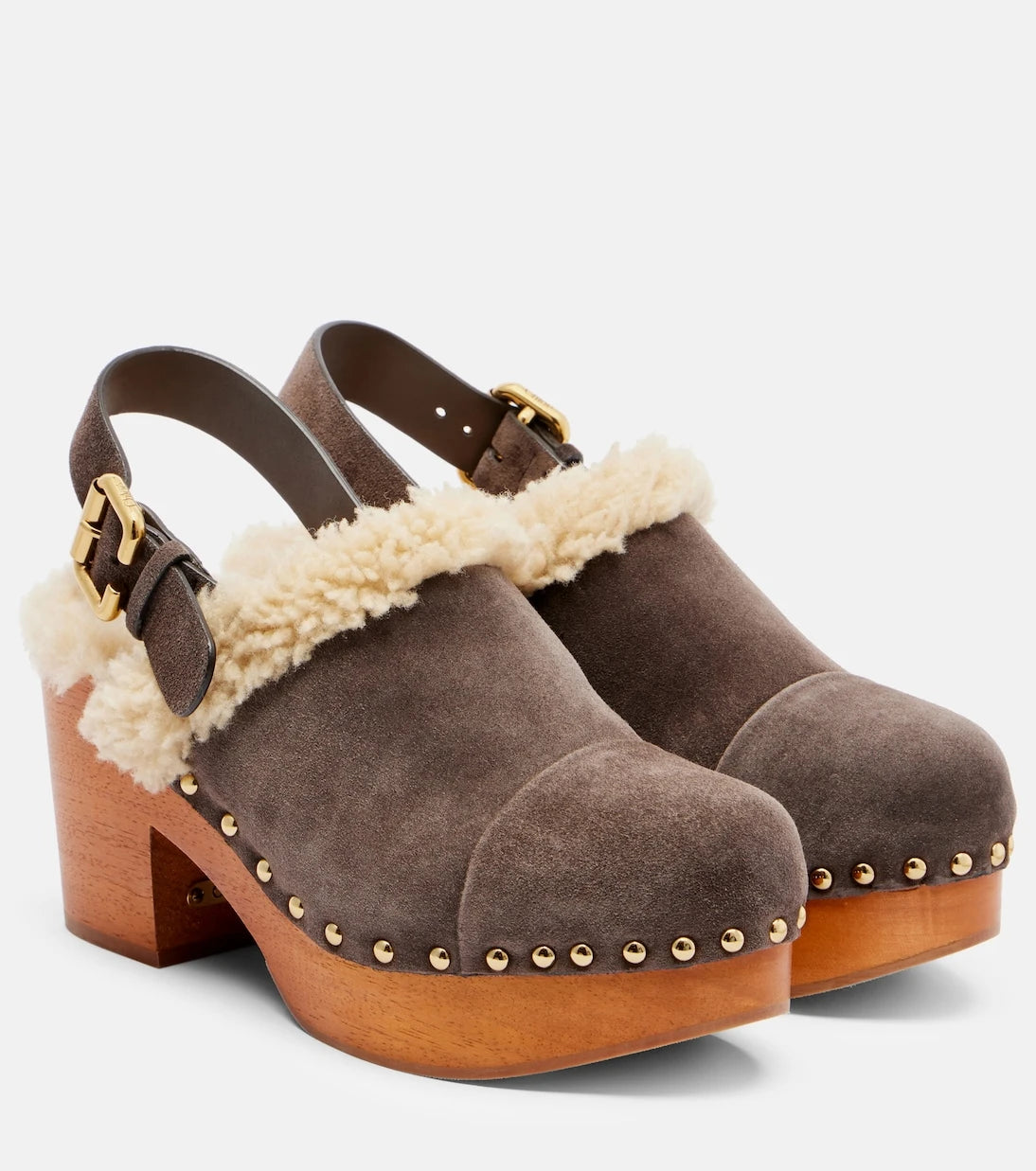 Chloé - Jeannette shearling-trimmed suede wedge clogs