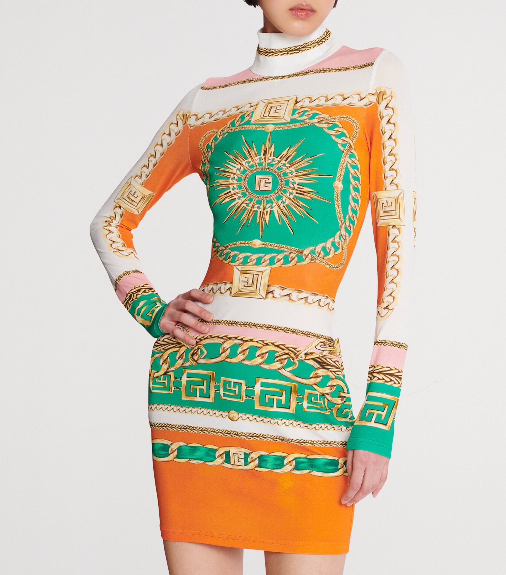 Balmain Multi Jersey Printed High-Neck Mini Dress