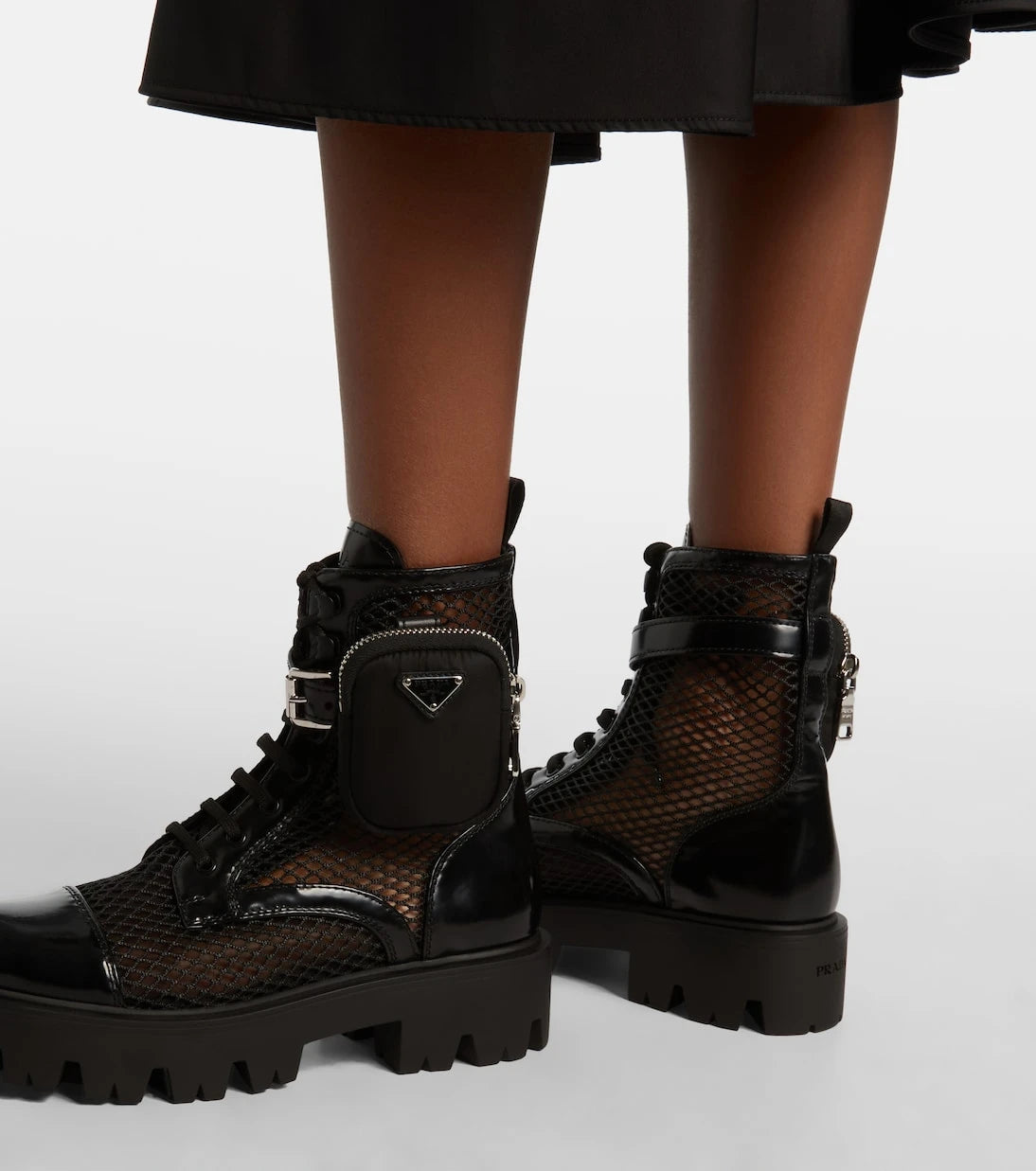 Prada - Leather-trimmed mesh combat boots