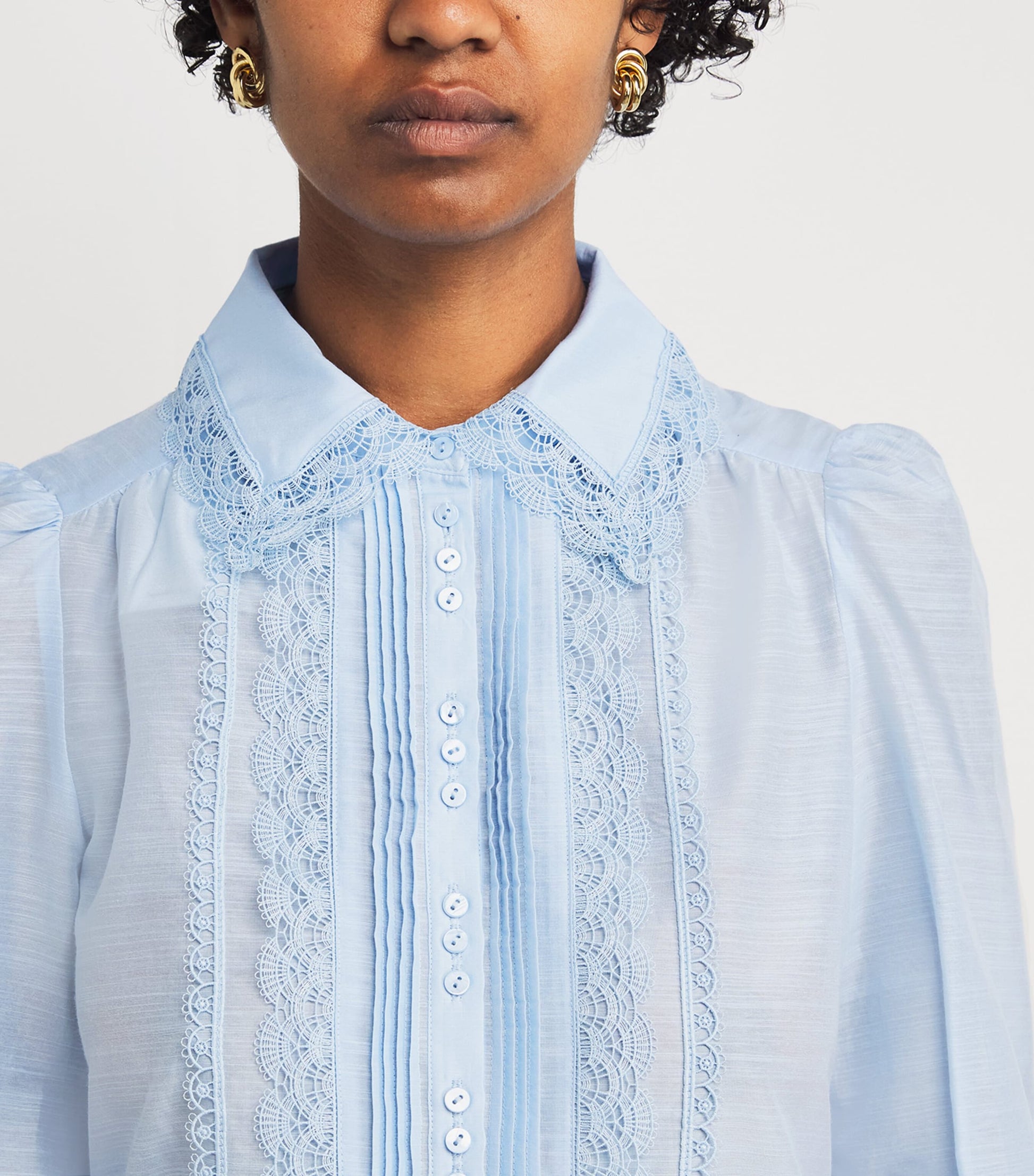 ME+EM Blue Silk-Cotton Lace-Trim Blouse