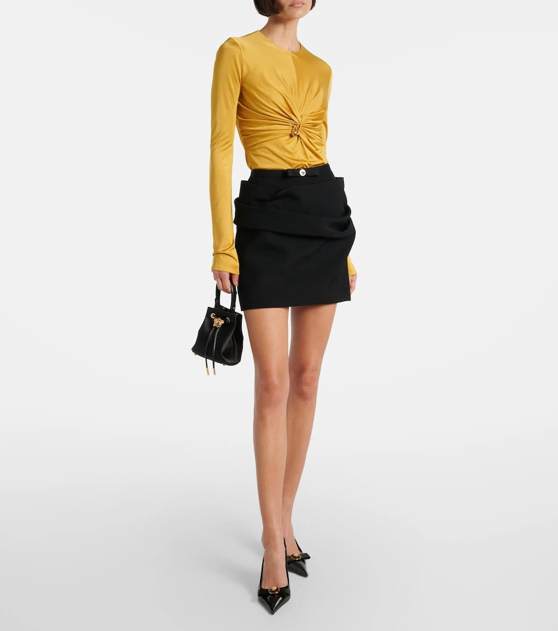 Versace - Drapeli saf yün gabardin mini etek