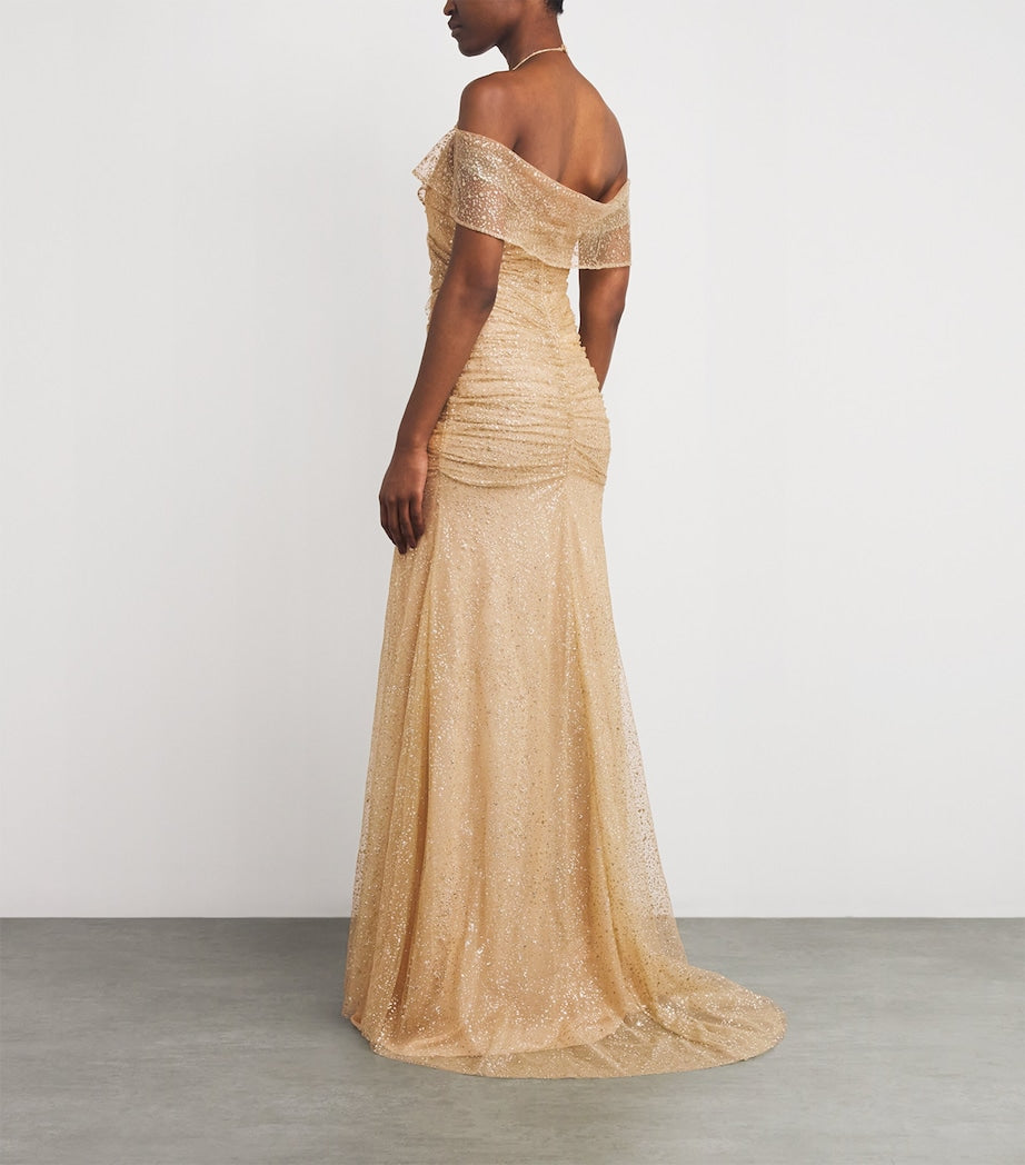 Sandra Mansour Gold Tulle Glitter Nuageux Gown