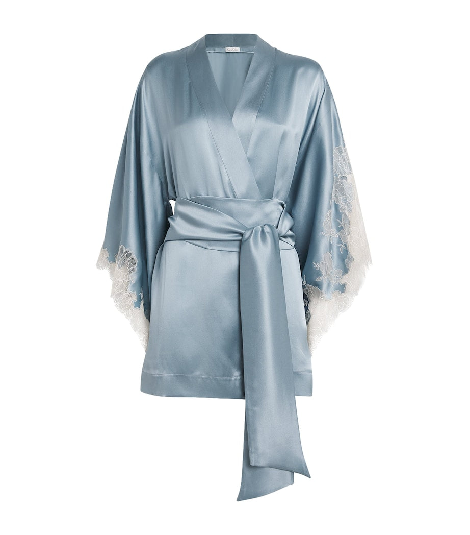 Silk Lace-Trim Short Kimono Robe