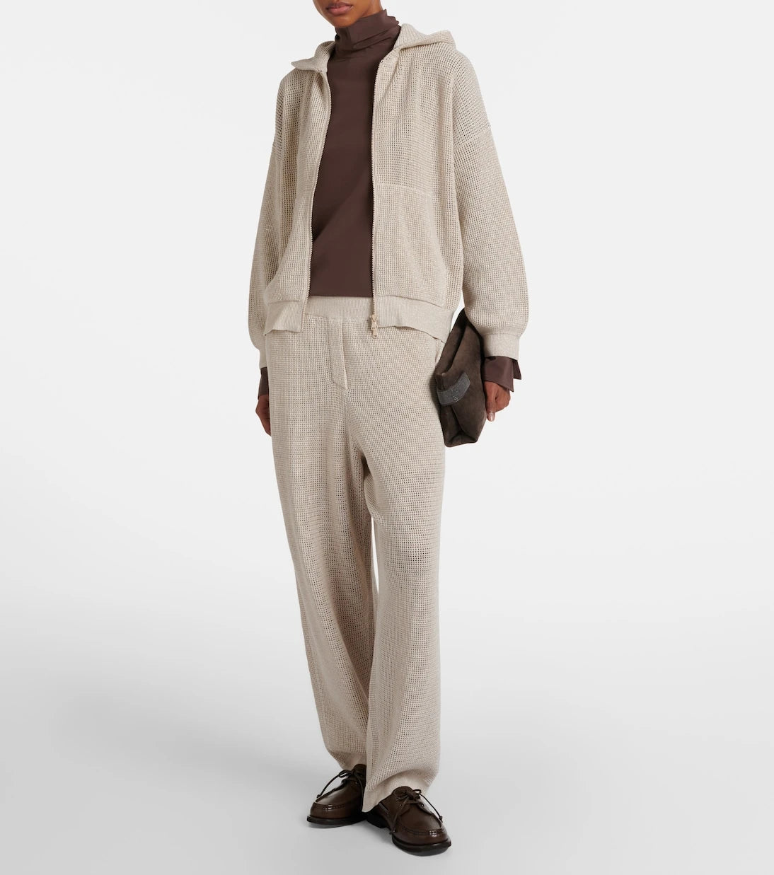 Brunello Cucinelli - Open-knit cotton-blend lamé zip-up hoodie