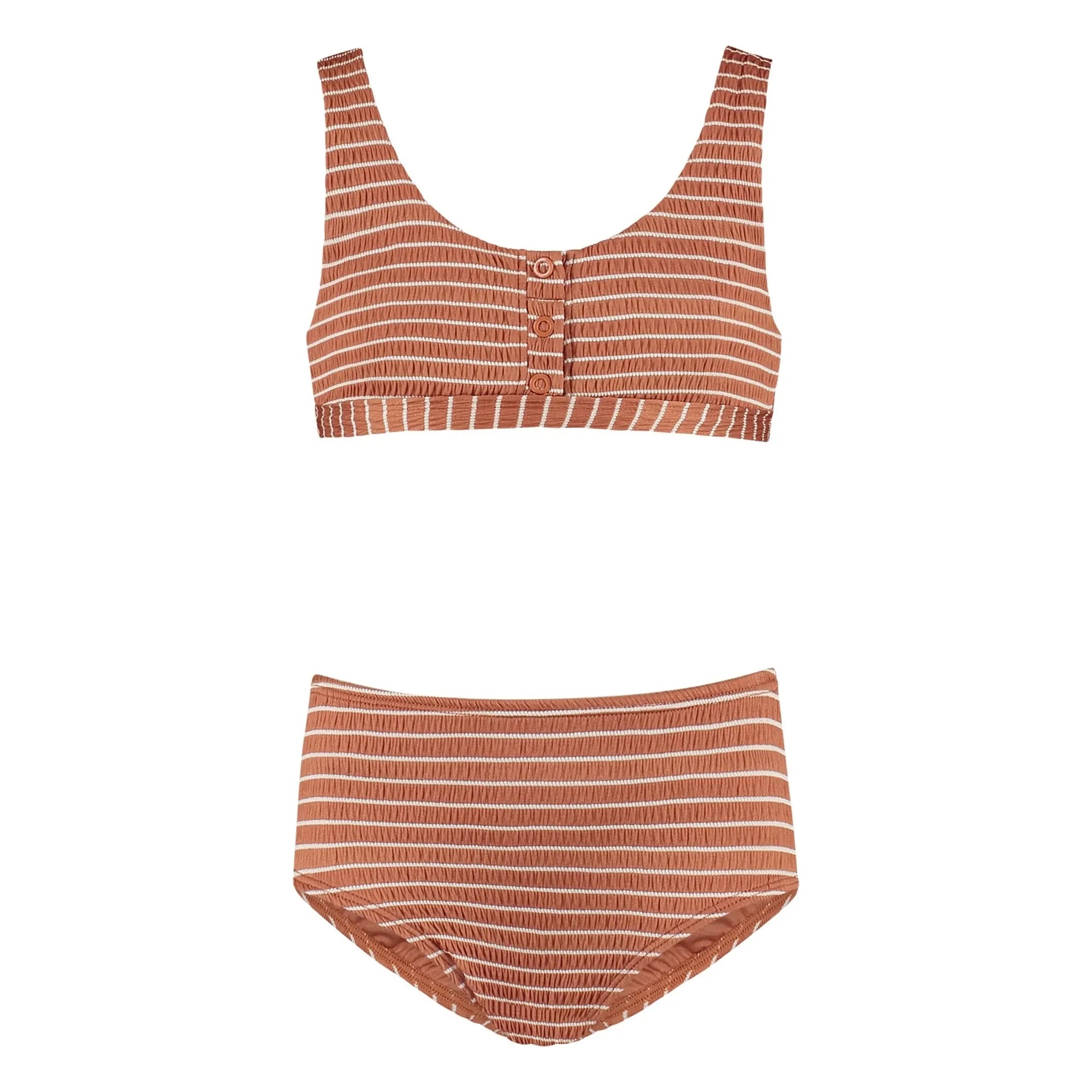 Beachlife - Recycled Fibers Striped Buttoned Swimsuit | Caramel
