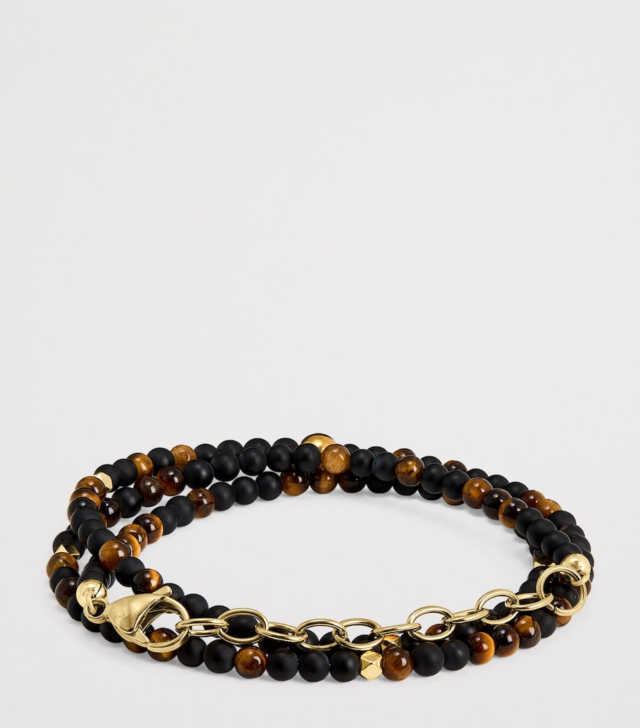 Gold-Plated Stainless Steel, Brown Tiger Eye and Matte Onyx Beaded Bracelet