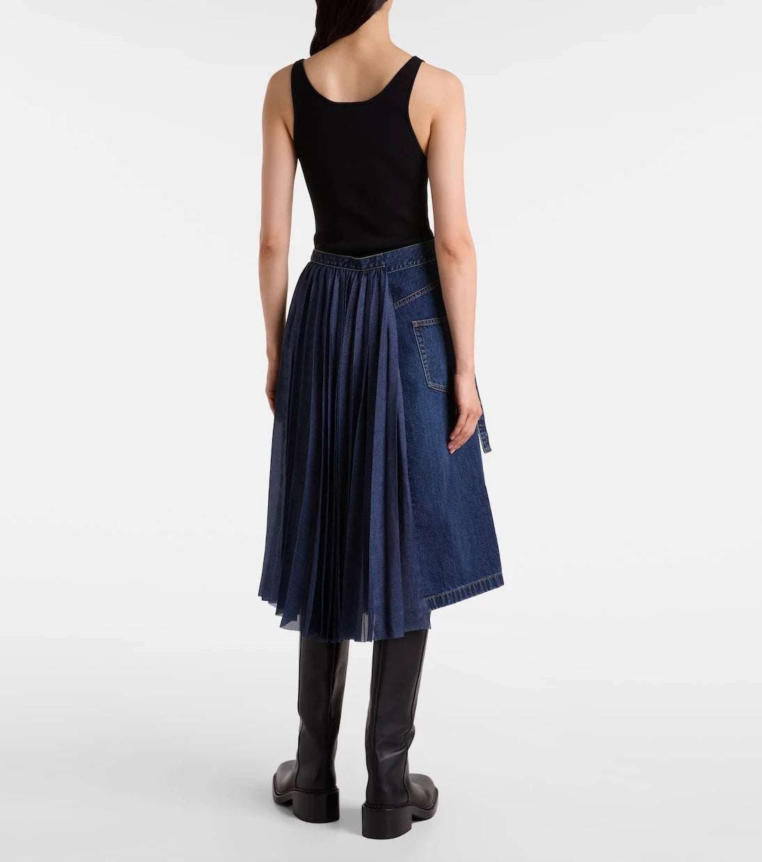 Sacai - Pleated denim midi skirt