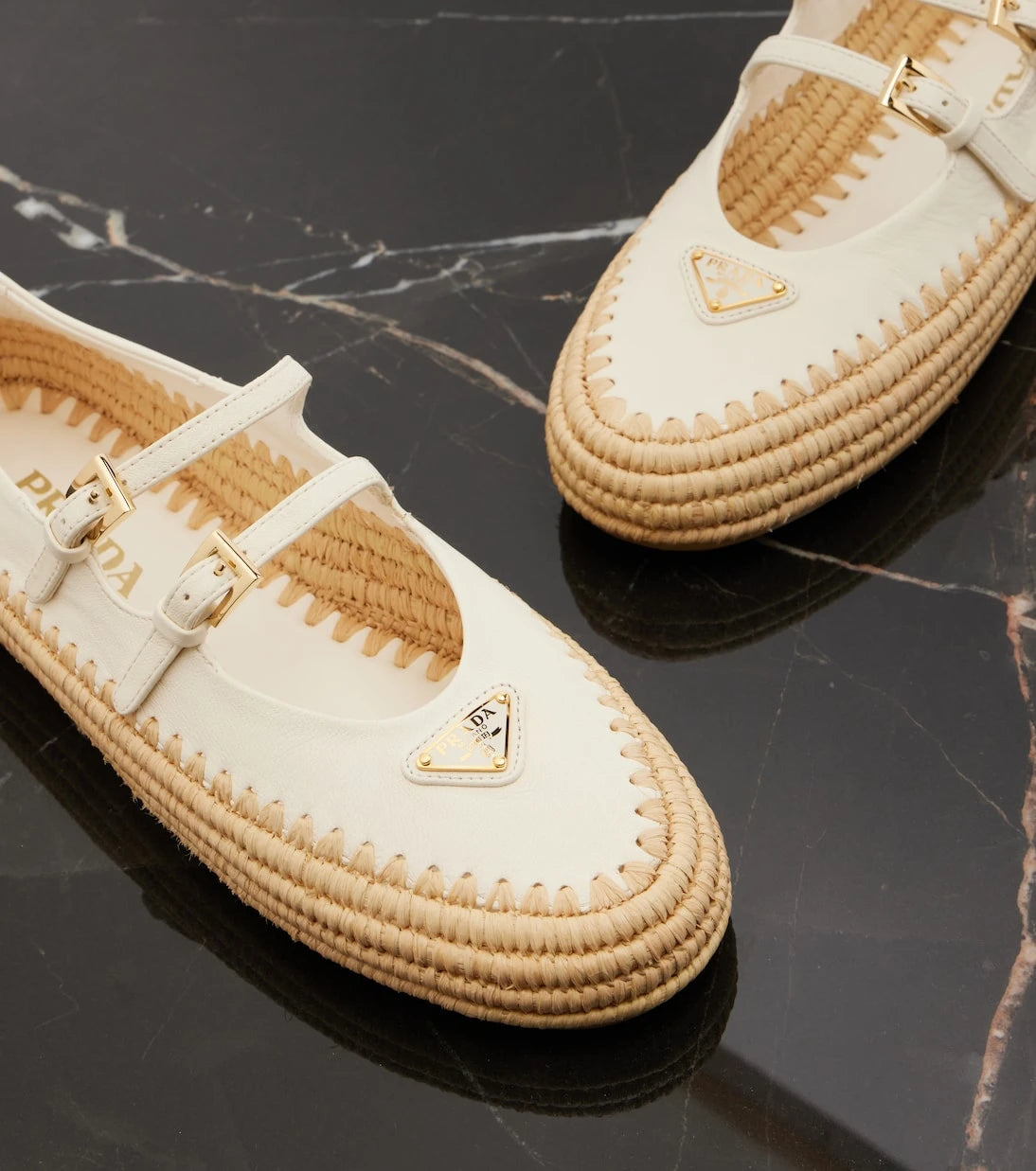 Prada - Leather and raffia Mary Jane flats