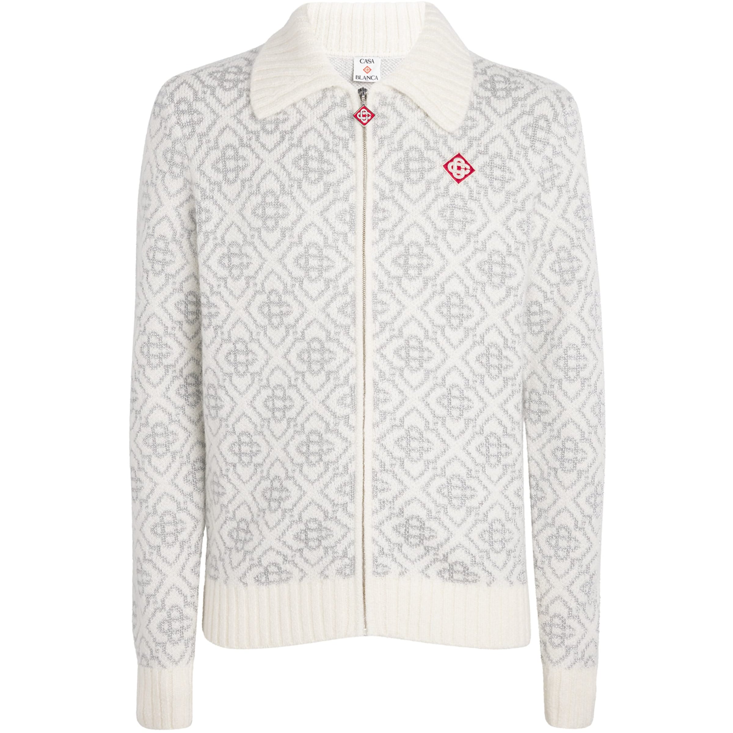 White Monogram Zip-Up Cardigan