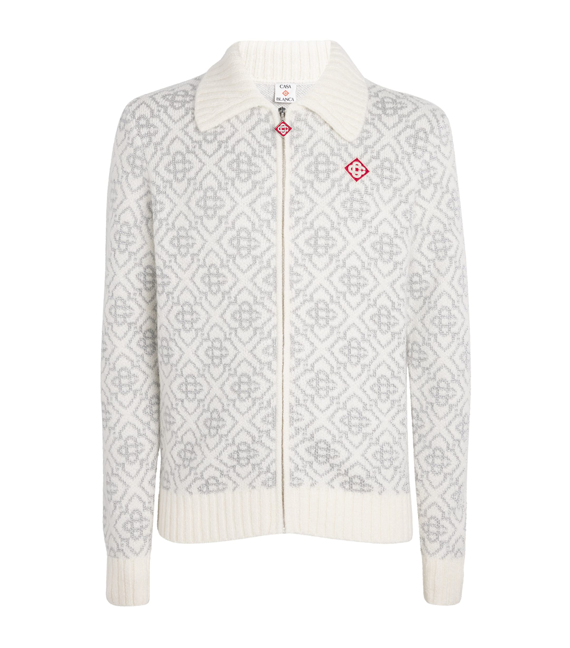 White Monogram Zip-Up Cardigan