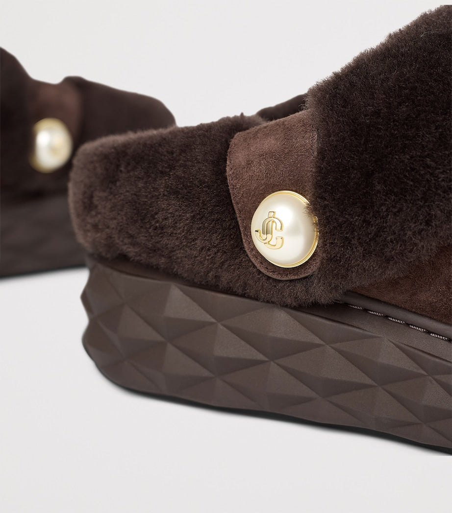 Brown Diamond Maxi Suede-Shearling Mules