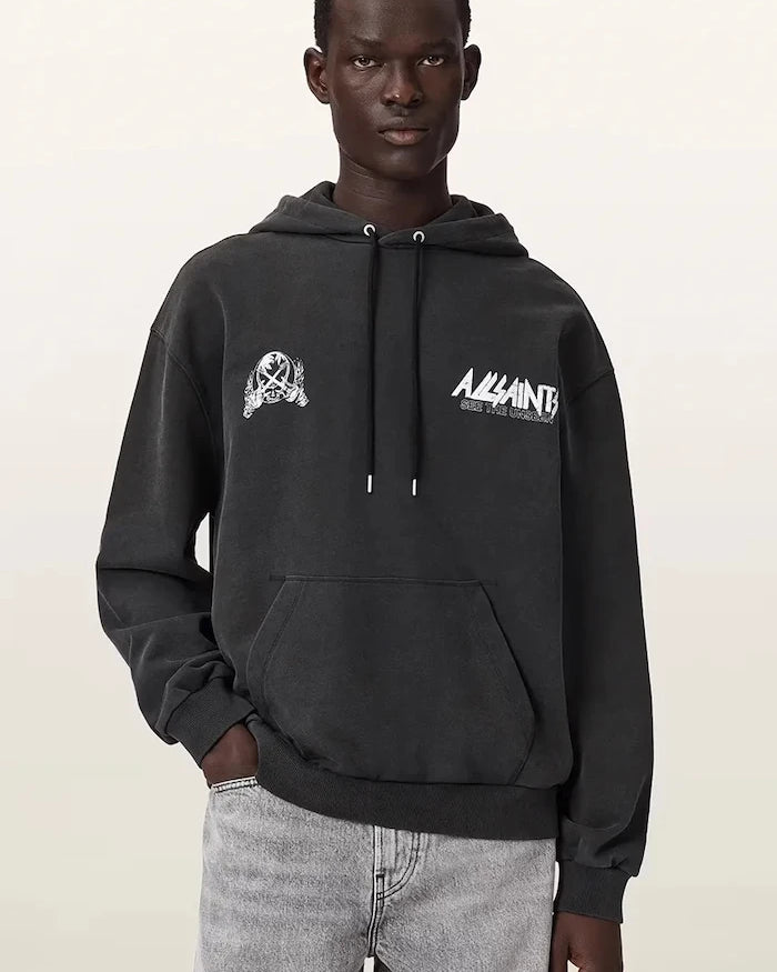 AllSaints pamuklu kapüşonlu erkek sweatshirt CHROMIUM