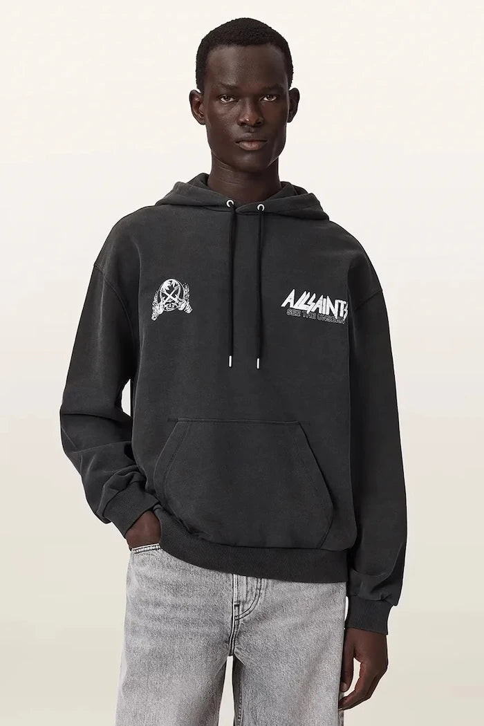 AllSaints pamuklu kapüşonlu erkek sweatshirt CHROMIUM