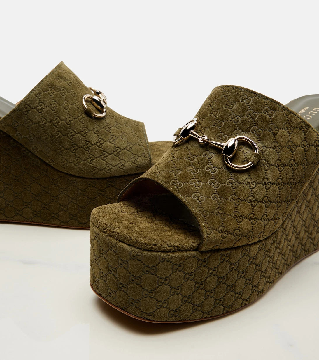 Gucci - Horsebit GG suede wedge mules