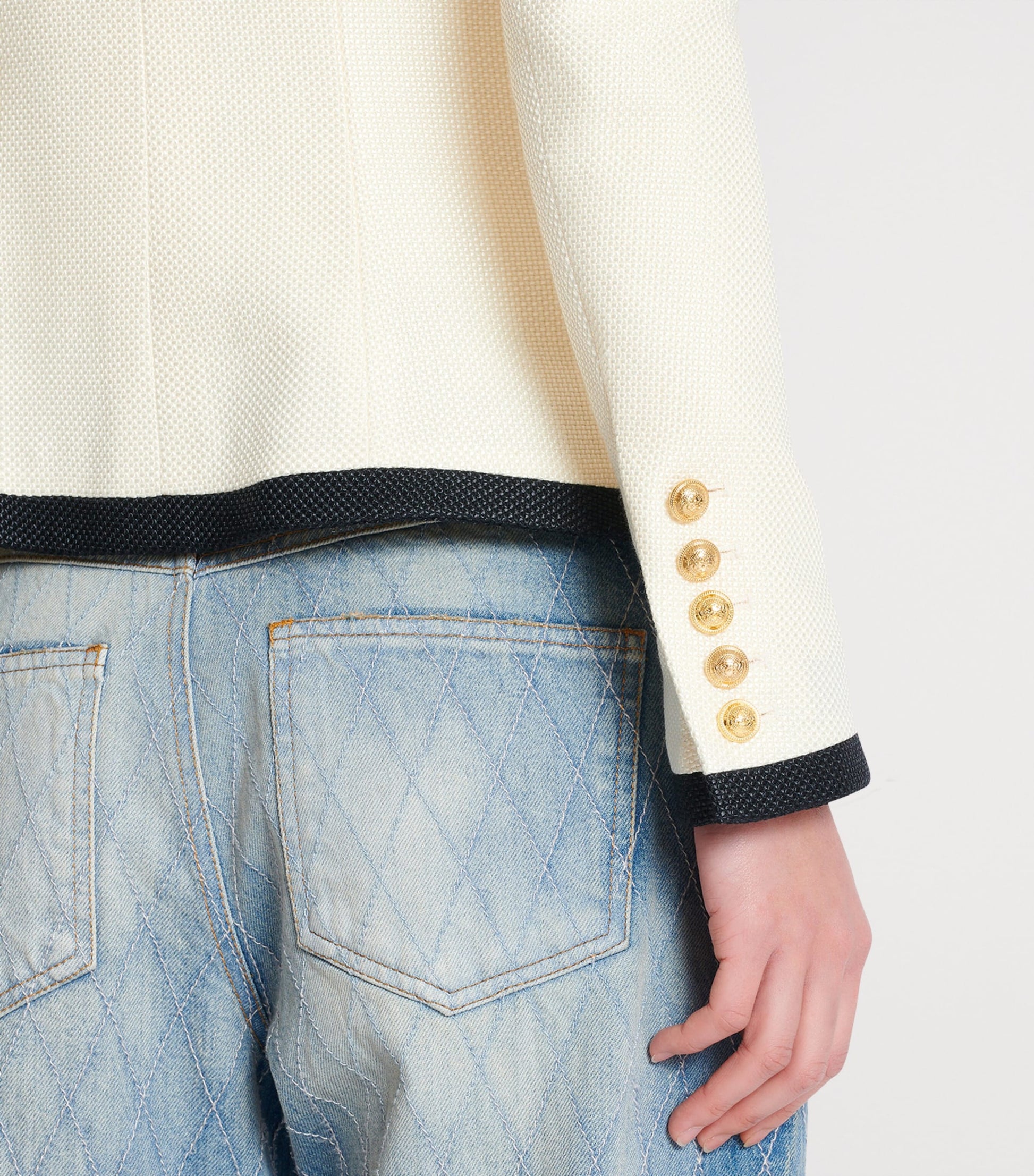 Balmain Beige Basket Weave Bordered Blazer