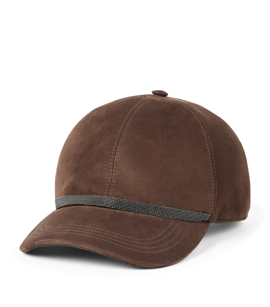Brunello Cucinelli Brown Suede Monili-Embellished Baseball Cap