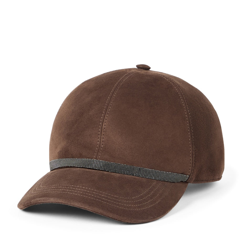 Brunello Cucinelli Brown Suede Monili-Embellished Baseball Cap