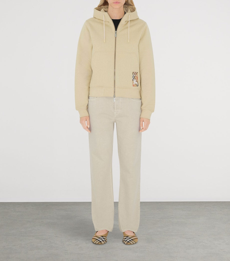 Beige Cotton Check-Patch Hoodie