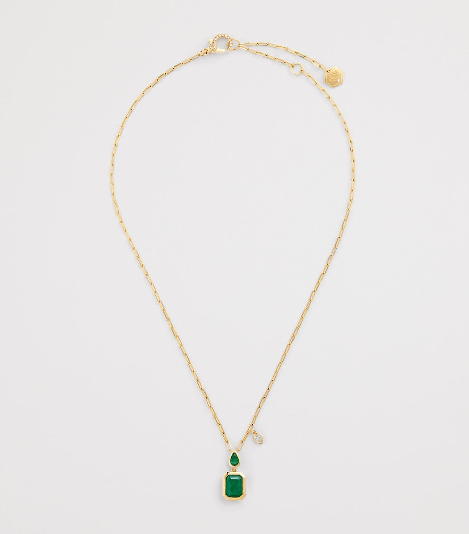 Yellow Gold, Emerald and Diamond Double Drop Necklace