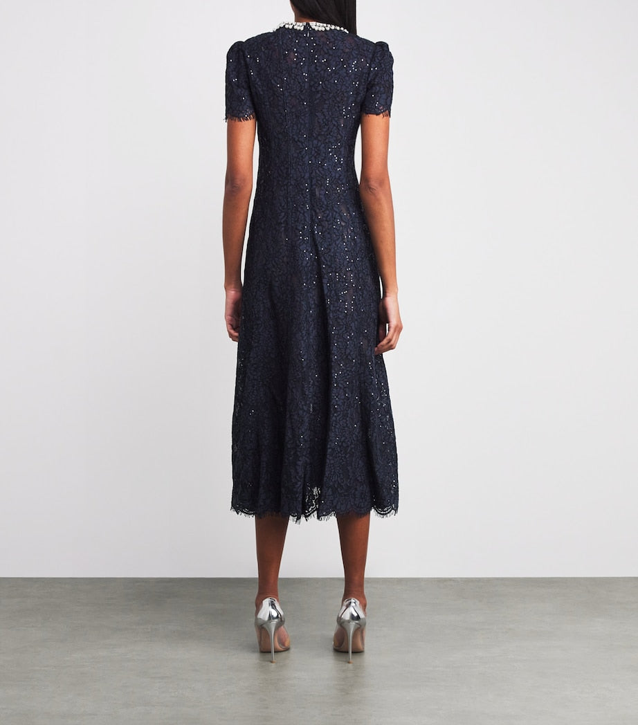 Self-Portrait Sequin-Lace Embellished-Neck Midi Dress