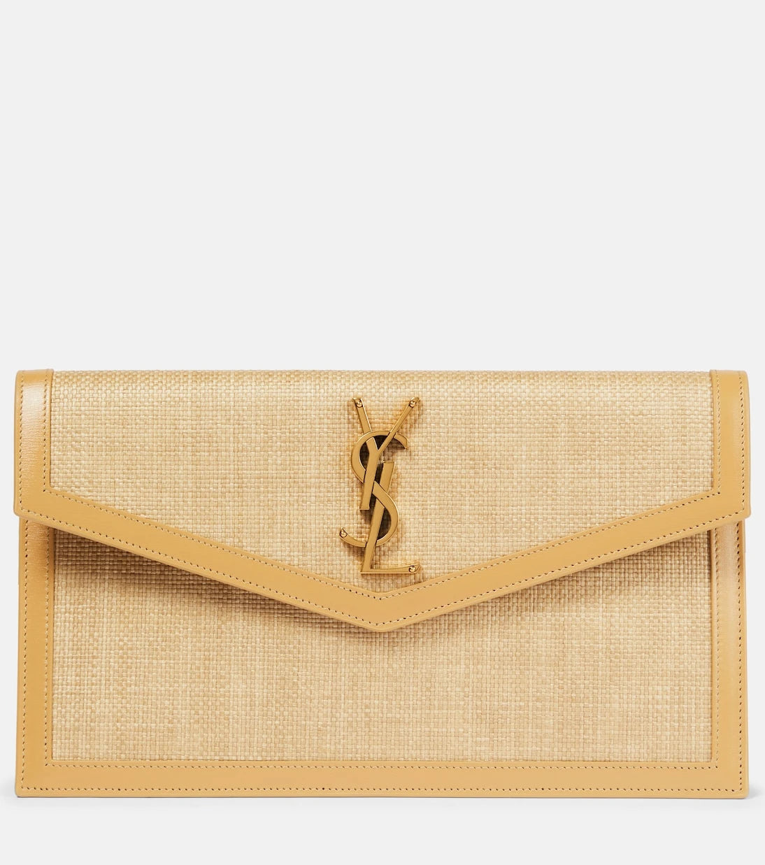 Saint Laurent - Uptown leather-trimmed raffia clutch