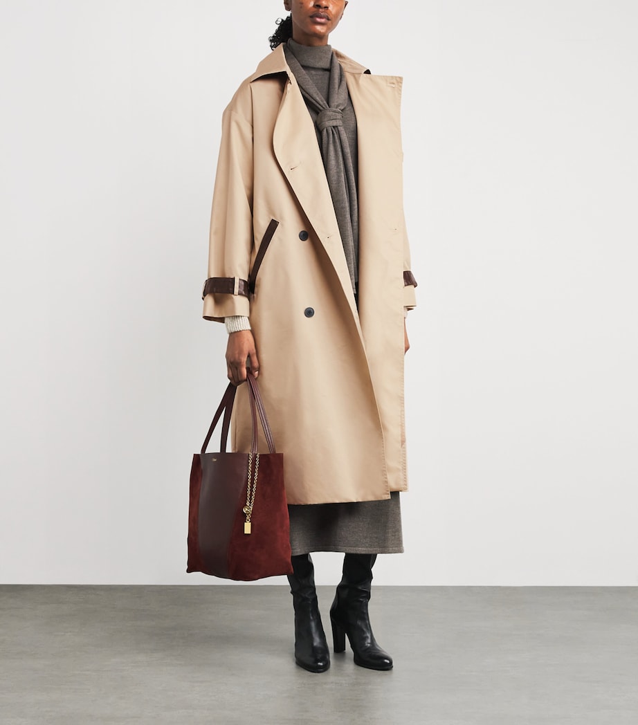 Beige Sheepskin-Trim Trench Coat
