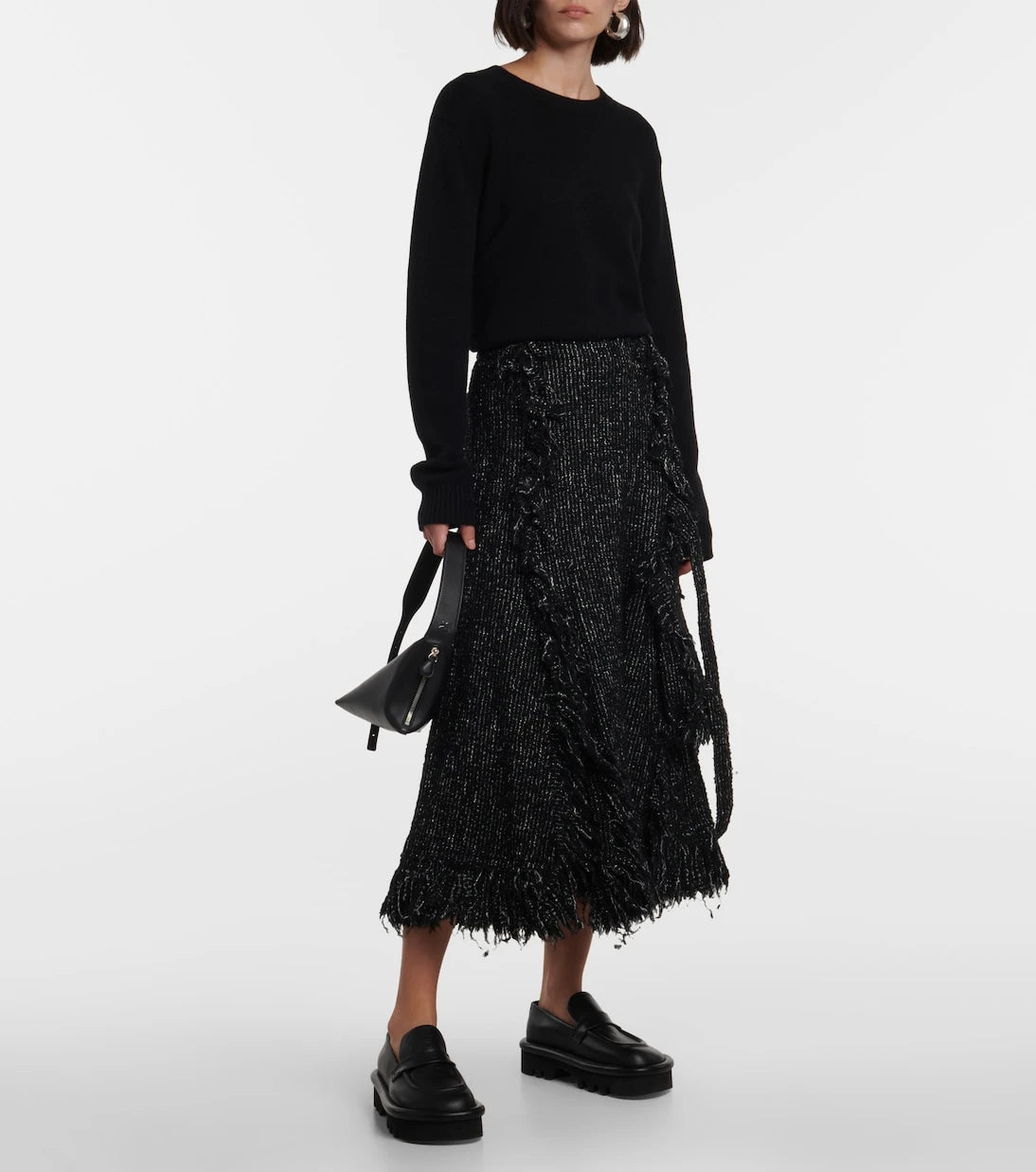 Sacai - Fringed flared tweed midi skirt