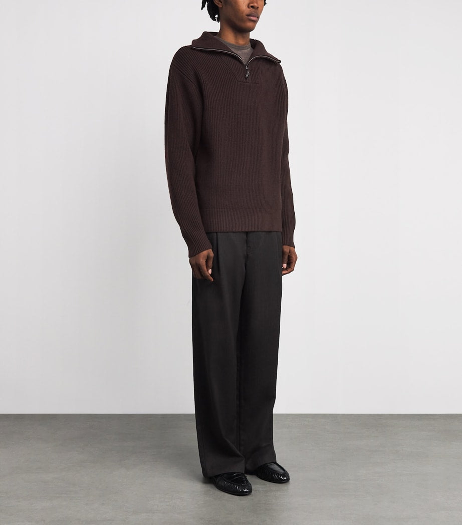 Officine Generale Brown Merino Wool Quarter-Zip Ribbed Sweater