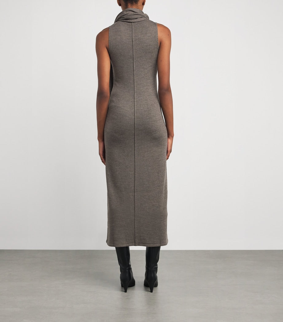 STAUD Brown Wool Scarf-Neck Canal Midi Dress