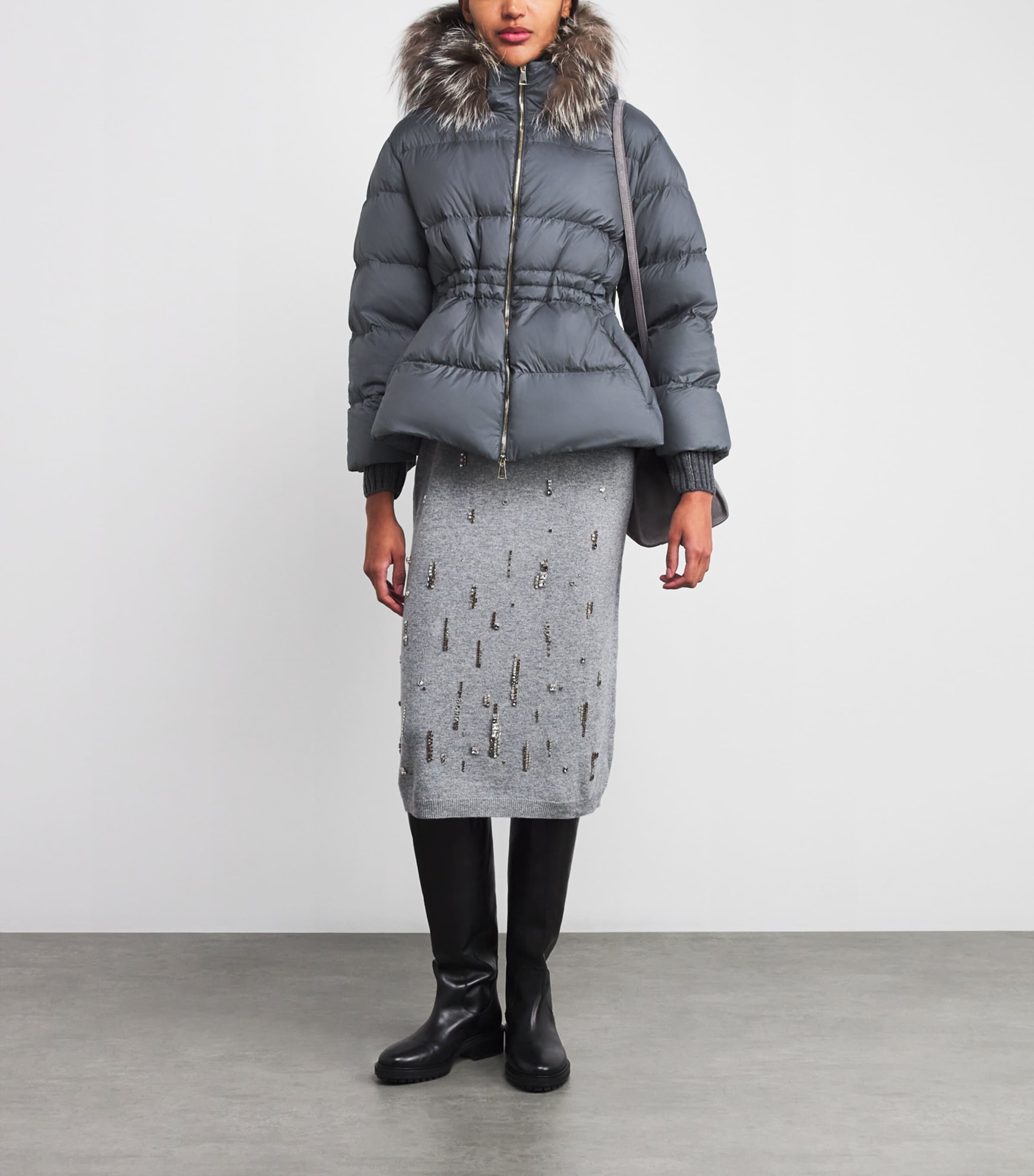 Fabiana Filippi Grey Fox Fur-Trim Puffer Jacket